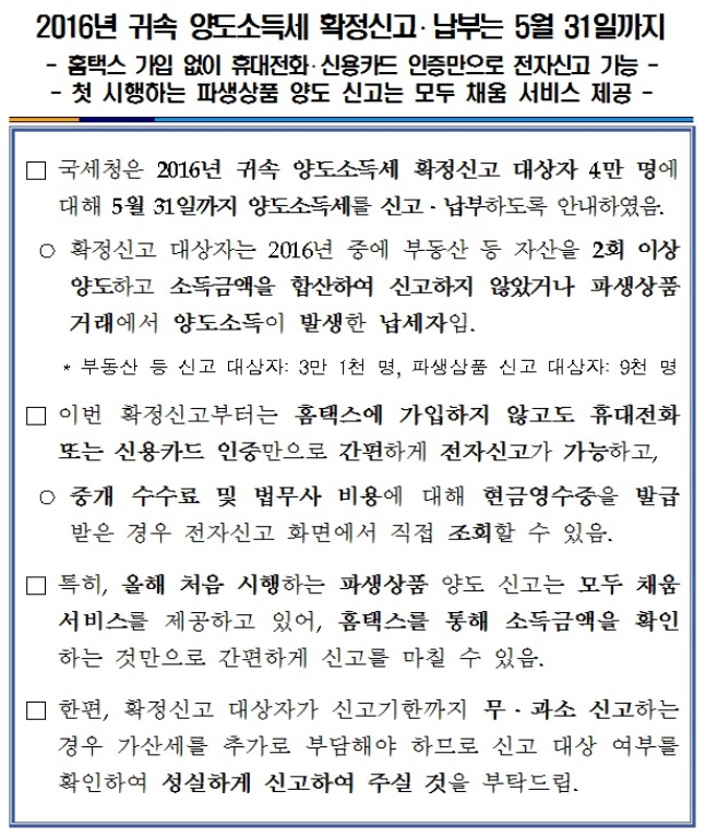 2016년 귀속 양도소득세 확정신고는 5월 31.jpg